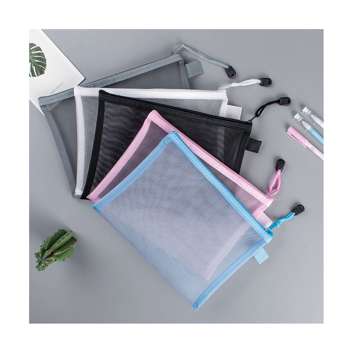 5Pcs Mesh Zipper Pouch Clear Document Bag Book File Folders