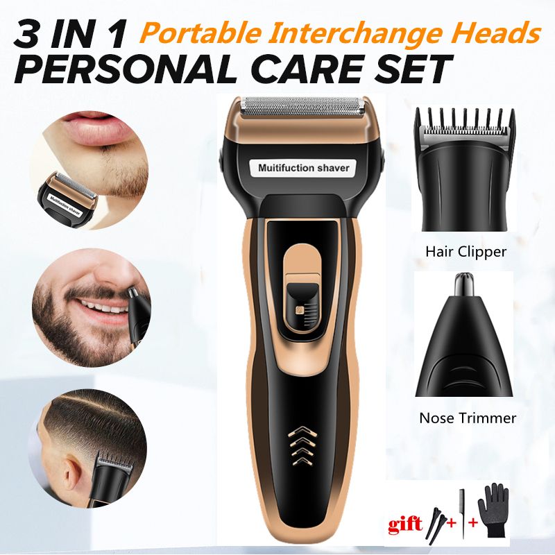 3-in-1 Portable Interchange Heads Electric Rechargeable Hair Clipper Shavers Nose Ear Trimmer Hair Trimmer Tools For Men-R13-Black