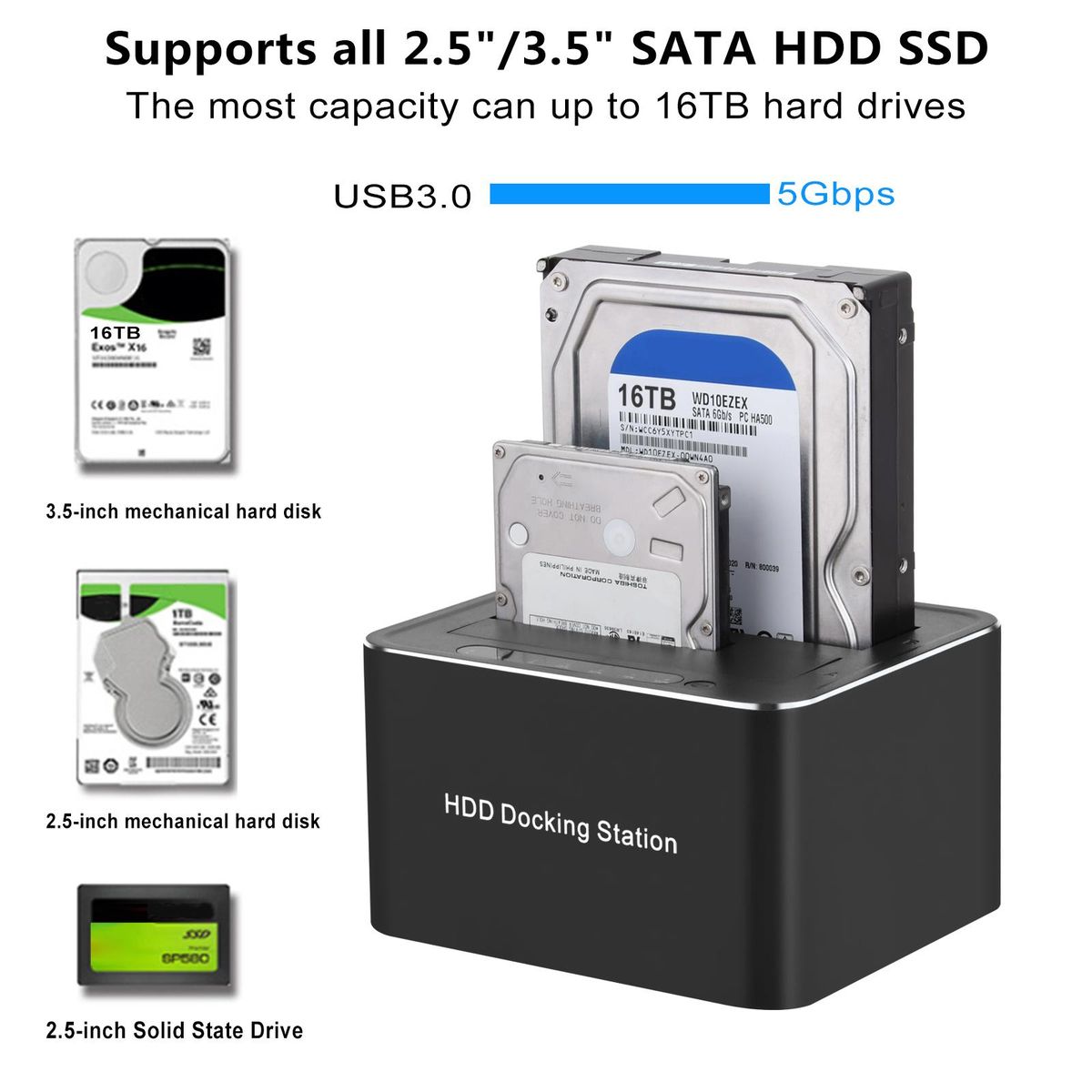Dual-bay Hard Disk Drive Docking Station For 2.5'' And 3.5'' HDD SSD SATA To USB 3.0 HDD Docking Station