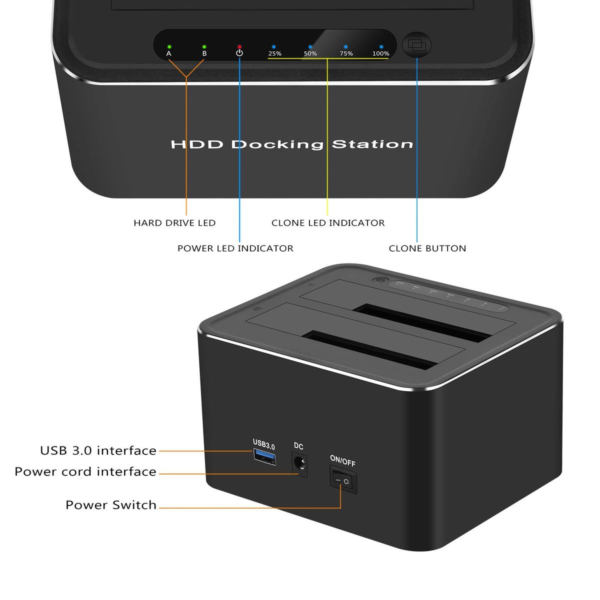Dual-bay Hard Disk Drive Docking Station For 2.5'' And 3.5'' HDD SSD SATA To USB 3.0 HDD Docking Station