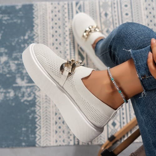 Ladies Mesh Metal Chain Casual Sneakers - White