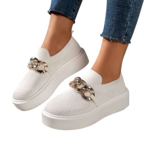 Ladies Mesh Metal Chain Casual Sneakers - White