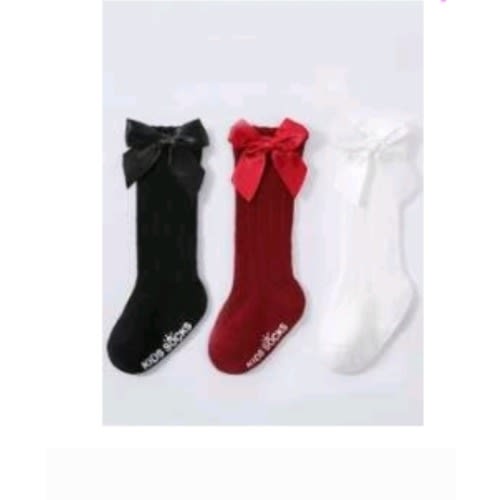 Girls Toddler Socks With Stylish Bow - 3 In 1 Pack - Dark Red + White + Black