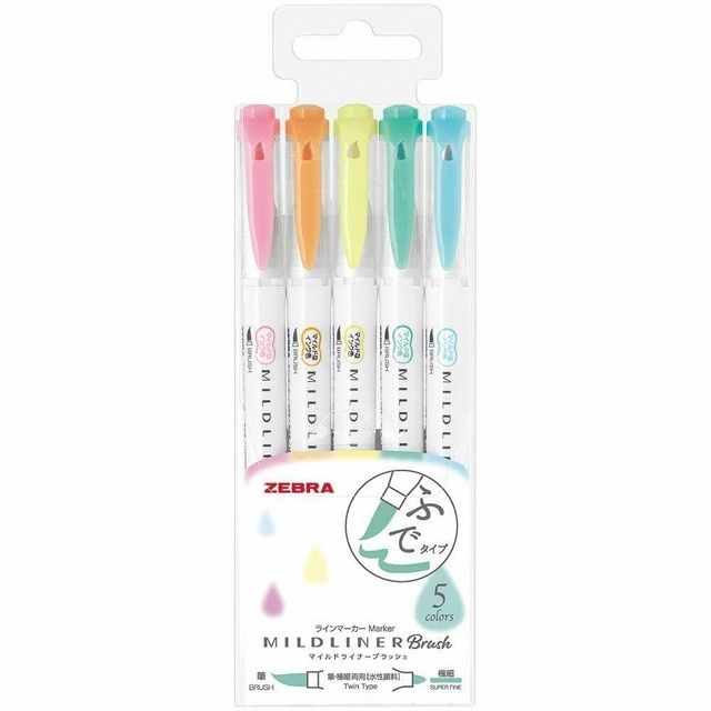 NEW 5 Colors Zebra MildLiner Brush Pen Set WFT8 Double