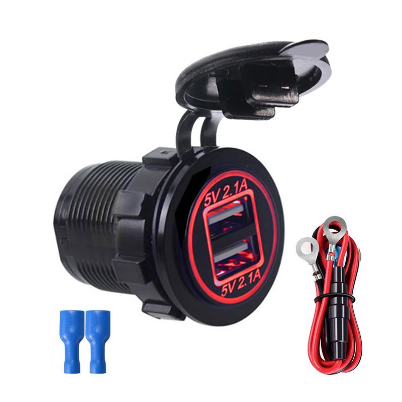 （Red Add Wire）Dual USB Charger Socket Power Outlet With LED Indicator Light Waterproof 12V 4.2A Dual Charging Ports For Car RV Boat Marine D5