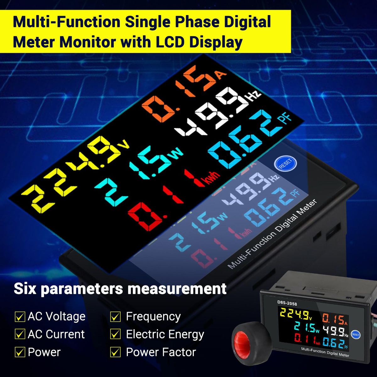 Multi-Function Single Phase Digital Meter LCD Display AC Voltage AC Current Power Frequency Electric Energy Power Factor Measurement Meter Monitor