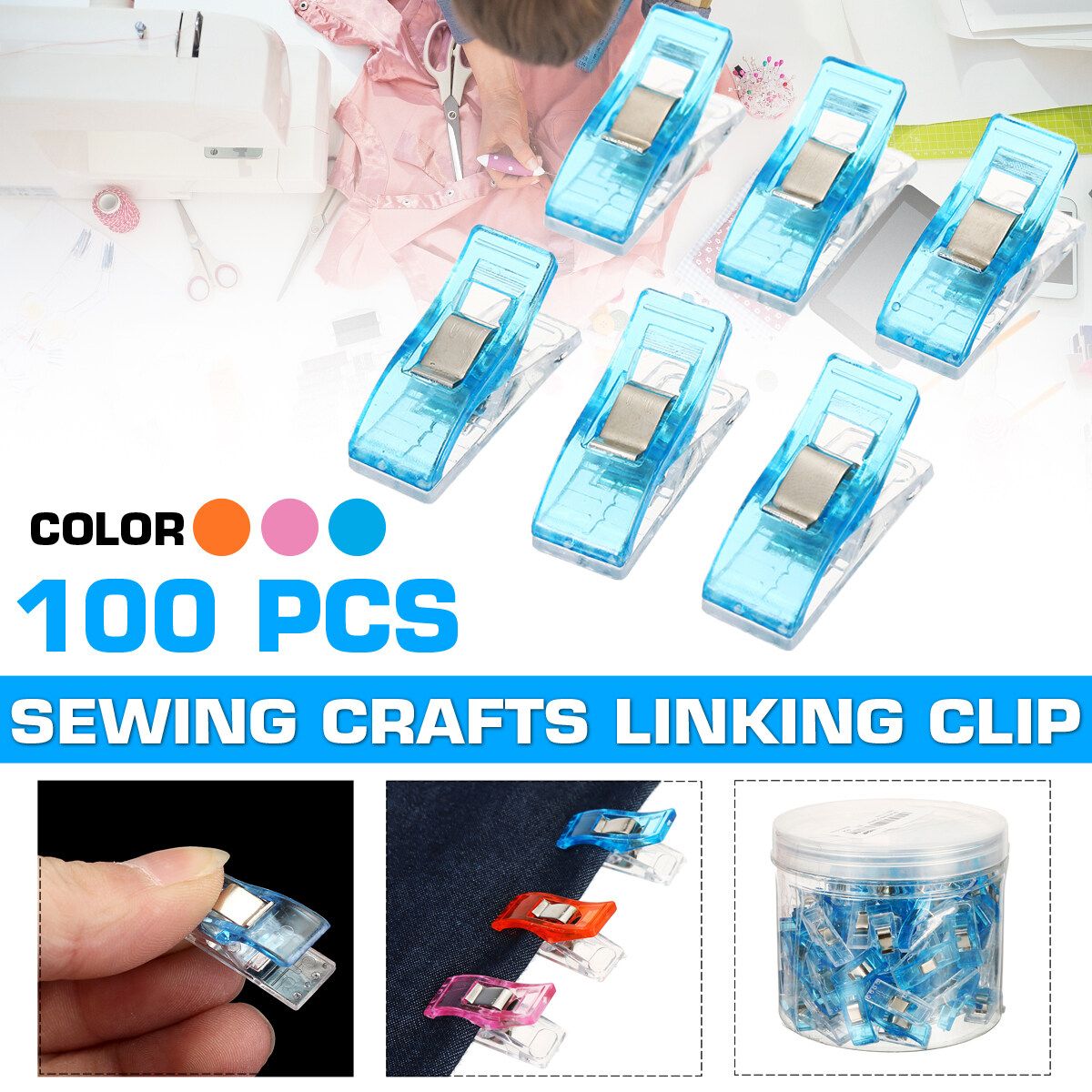 100PCS Sewing Craft Quilt Binding Sewing Clips Plastic Clips Clamps Pack Trendy Gift Blue