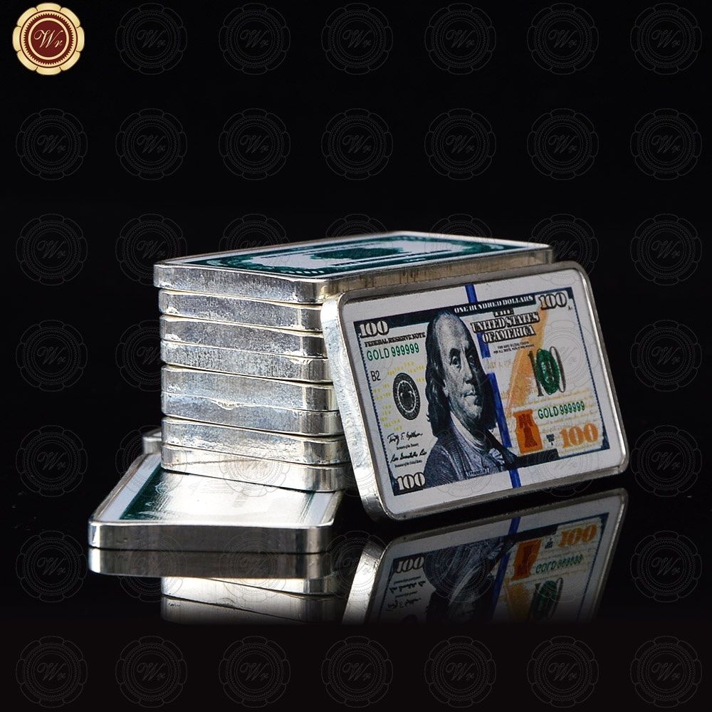 Quality 999. Silver Plated Bar USD 10 Colored Challenge