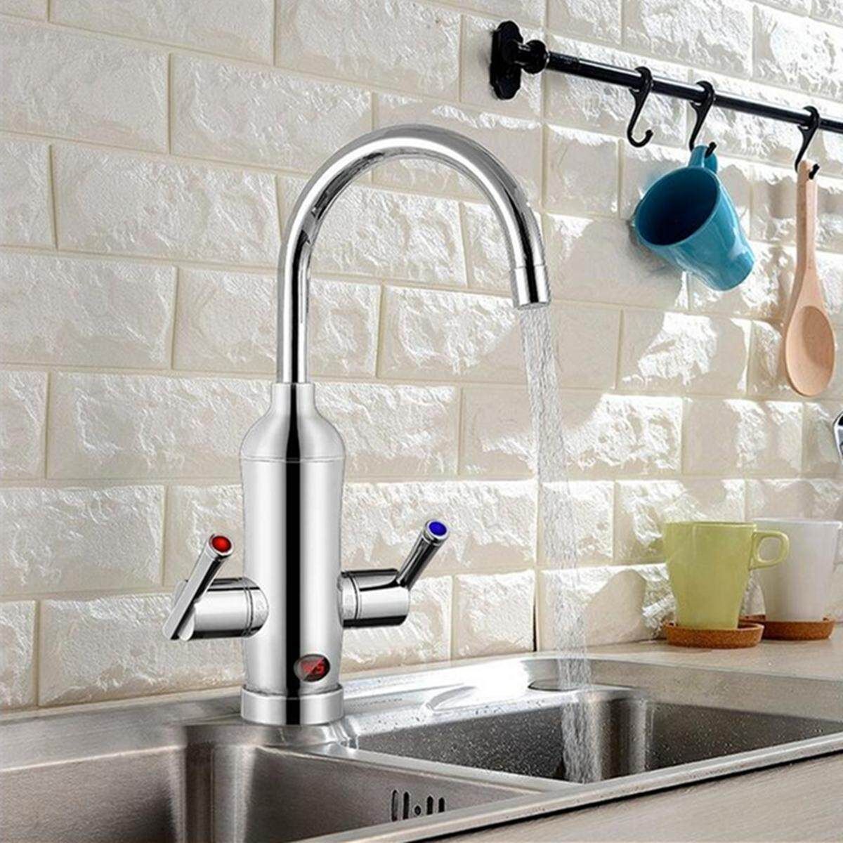 Kitchen Tap Electric Faucet Instant Water Heater Twin Lever Handle 360°Rotatable Electric Faucet Instant Tap Water Heater Cold Hot For Home Bathroom Kitchen