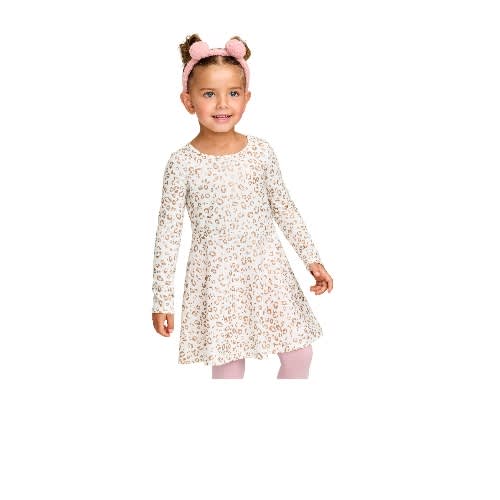 Girls Glittering Leopard Print Knit Skaters Dress- Ivory Gold