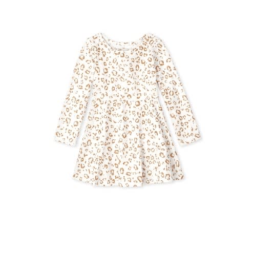 Girls Glittering Leopard Print Knit Skaters Dress- Ivory Gold
