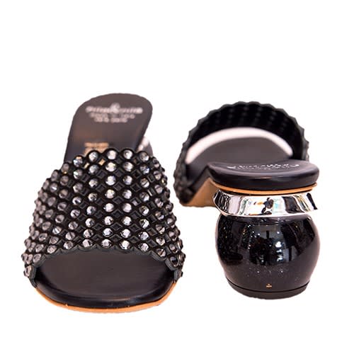 Black Slippers With Crystal Stones