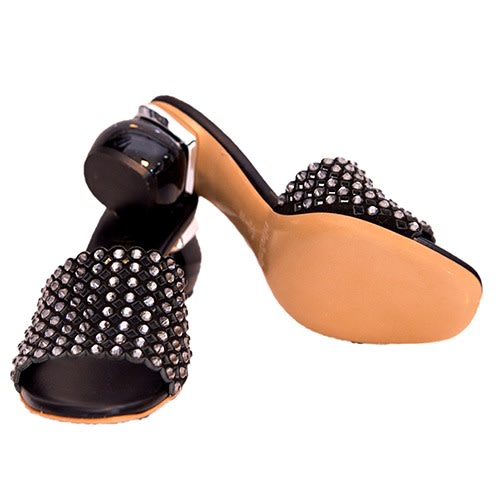 Black Slippers With Crystal Stones