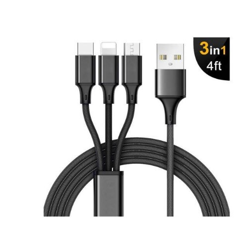 Universal Cord For Android - Type C And iPhone - 3-in-1 - 4ft - Black
