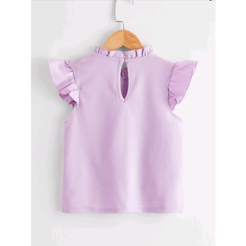 Girls Frill Neck Ruffle Armhole Pearls Beaded Top- Lilac-