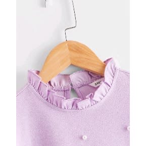 Girls Frill Neck Ruffle Armhole Pearls Beaded Top- Lilac-