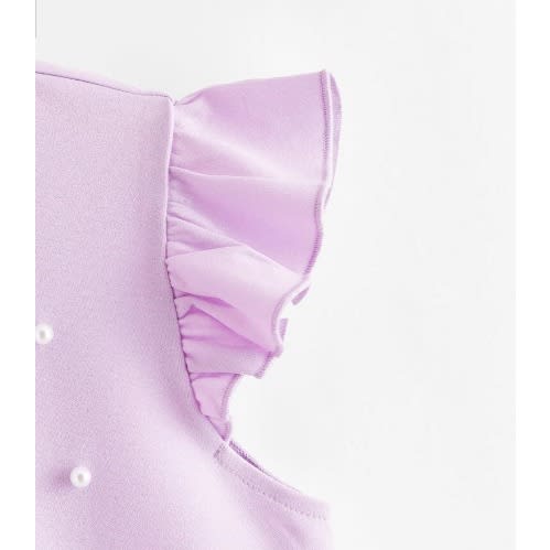 Girls Frill Neck Ruffle Armhole Pearls Beaded Top- Lilac-