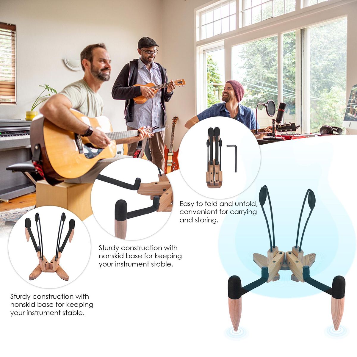 Hardwood Collapsible Folding Musical Instrument Stand Bracket Holder for Acoustic Folk Classical Guitar Cello Natural Wood Color