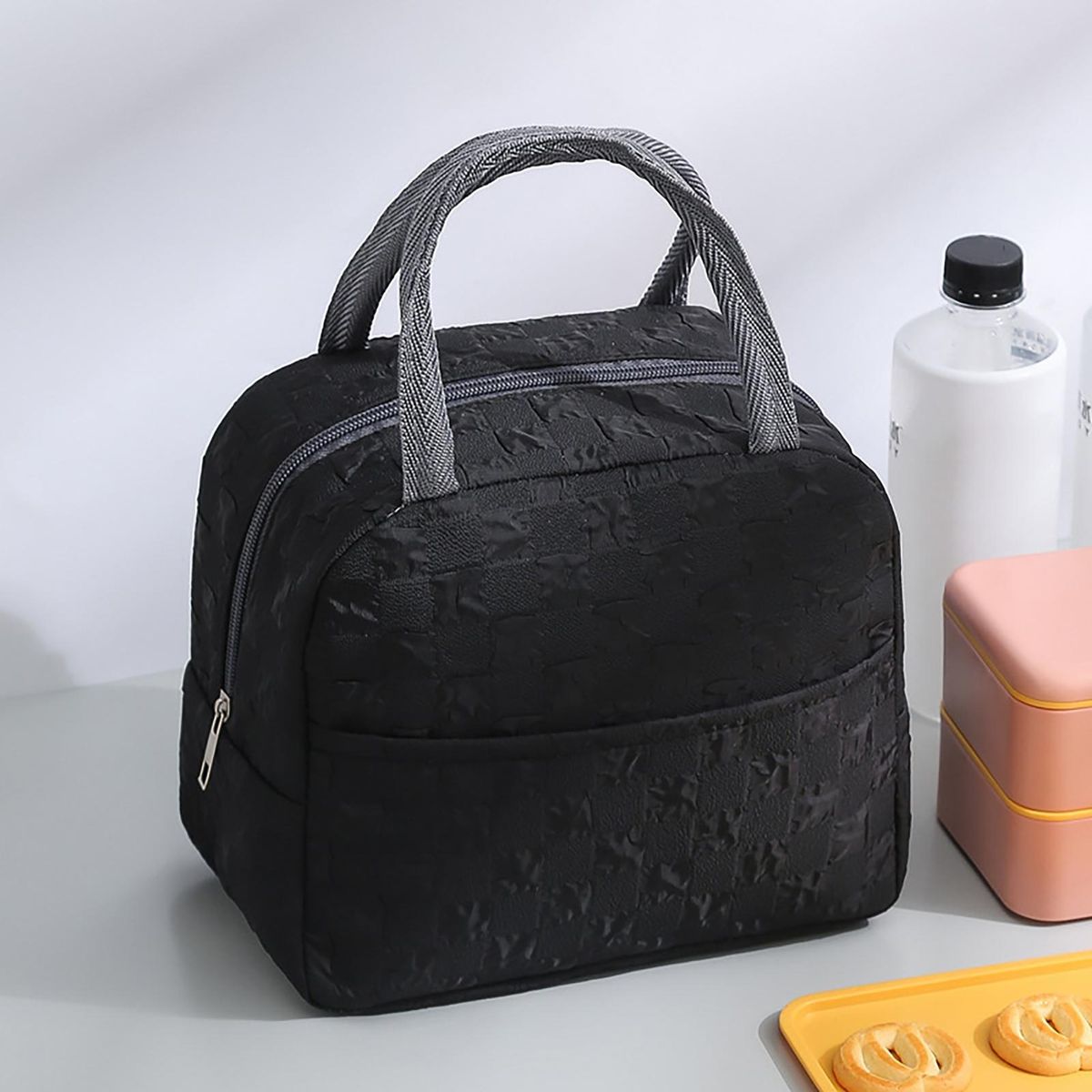 Insulated Bag Plaid Pattern Lunch Bento Box Bag Black