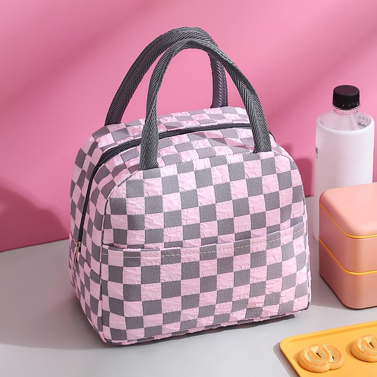 Insulated Bag Plaid Pattern Lunch Bento Box Bag Pink