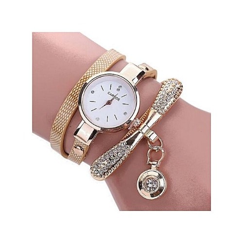 Women's Leather Rhinestone Wrist Watch-Beige