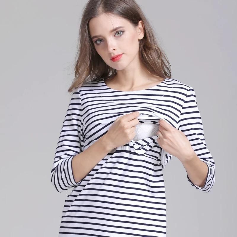 2022 Spring and Autumn Fashion Slim Fit Medium Sleeve Pregnant Women's Wear Pure Cotton Stripes