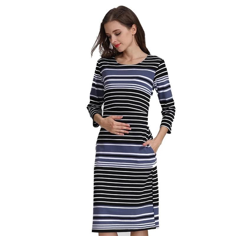 2022 Spring and Autumn Fashion Slim Fit Medium Sleeve Pregnant Women's Wear Pure Cotton Stripes