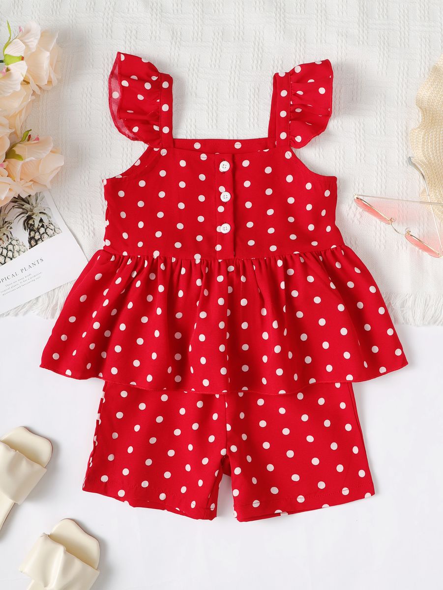 1-6 Years Kid Girl 2PCS Suit Set/Ruffle Polka Dots Sleeveless Shirt+Shorts
