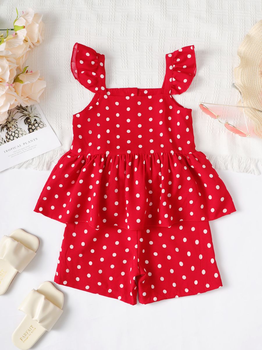 1-6 Years Kid Girl 2PCS Suit Set/Ruffle Polka Dots Sleeveless Shirt+Shorts