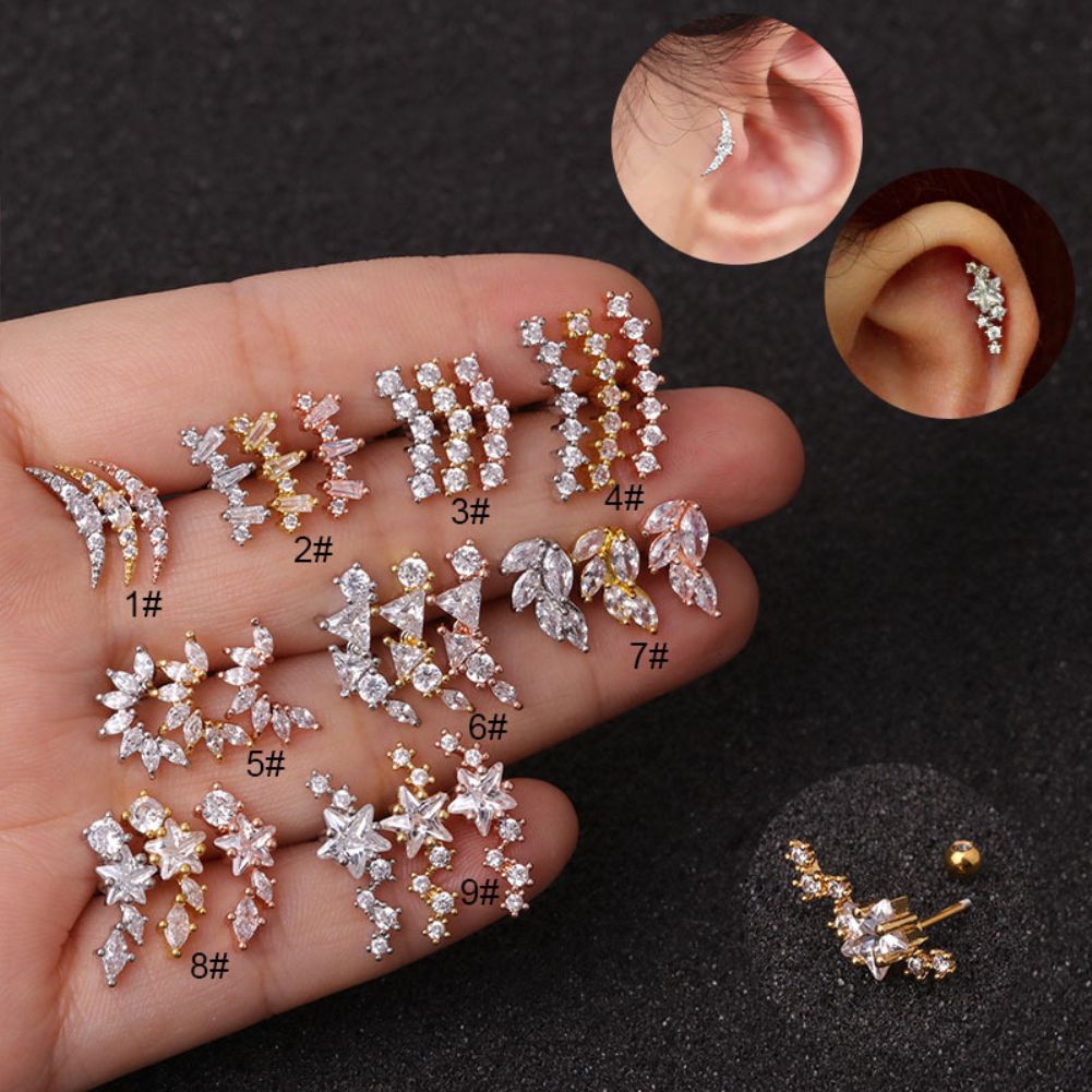 1Pc Lady Cubic Zirconia Inlaid Star Moon Ear Stud Earring Piercing Helix Jewelry-7#