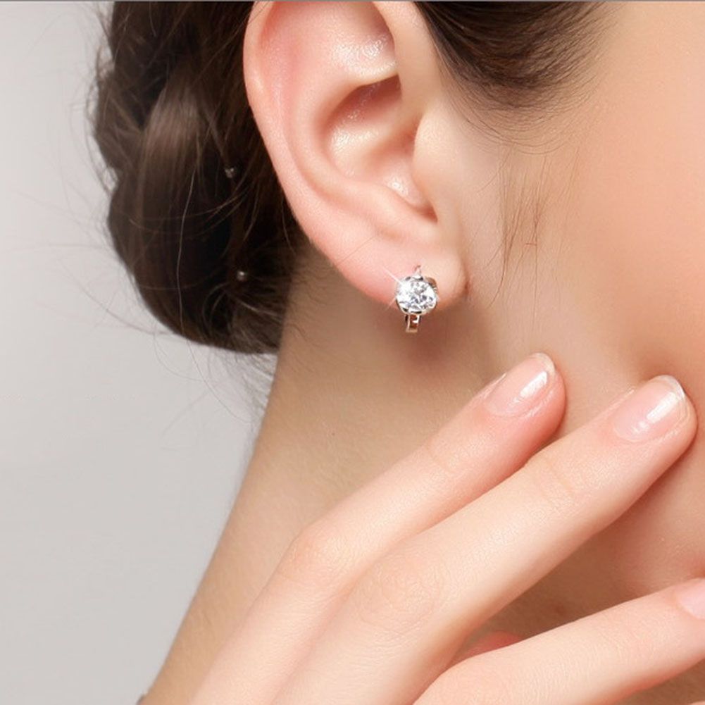 Women Fashion Round Rhinestone Inlaid Huggie Earrings Jewelry Birthday Gift-White