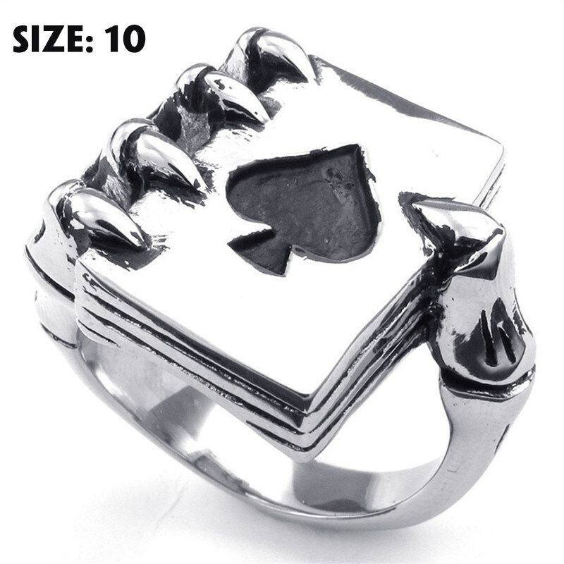 Stainless Steel Men/Women Ring Silver Ring Lucky Ring Gothic Skull Hand Claw Poker Design Vintage Style Size 10