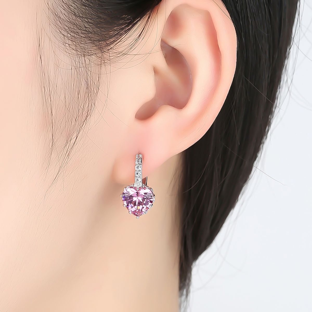 Earrings Rhinestone Inlaid Heart-shape Design Alloy Heart-shape Design Leaverback Earrings For Party-Pink