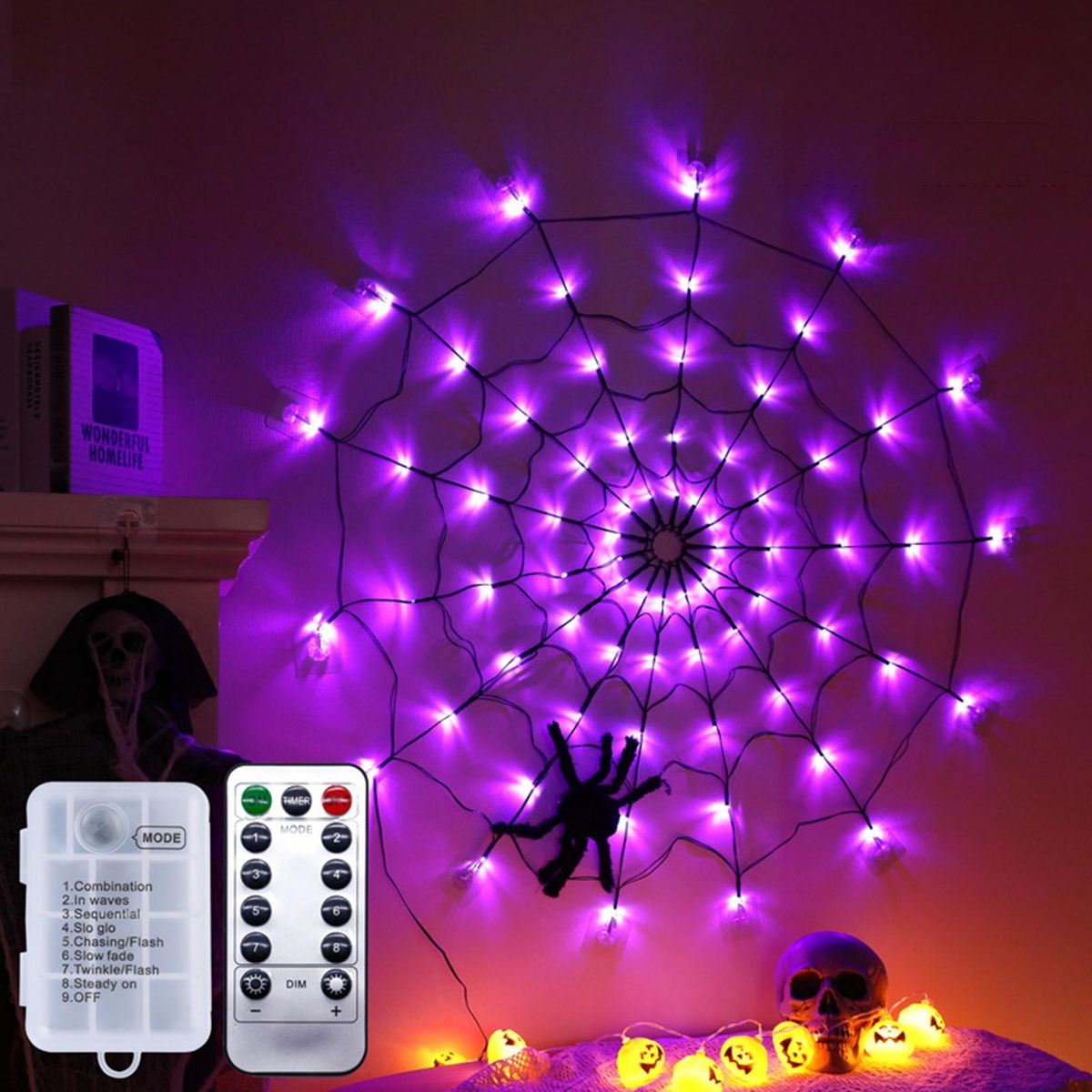 Spider Web Lamp Remote Control 8 Brightness Modes Energy-saving Eye-protection Wall Corner Halloween Decoration