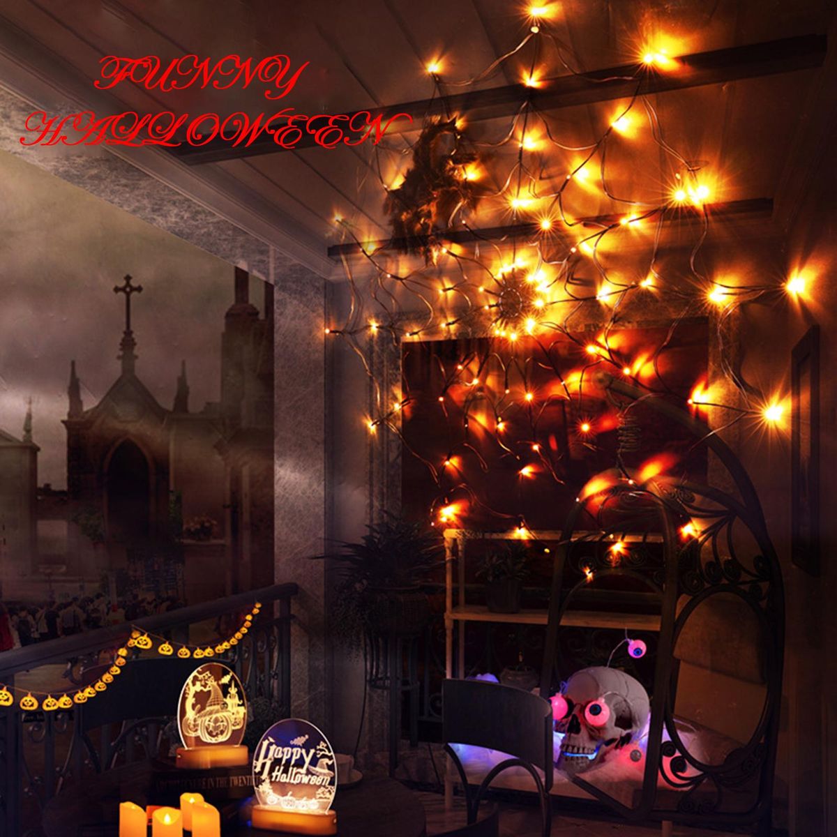 Spider Web Lamp Remote Control 8 Brightness Modes Energy-saving Eye-protection Wall Corner Halloween Decoration