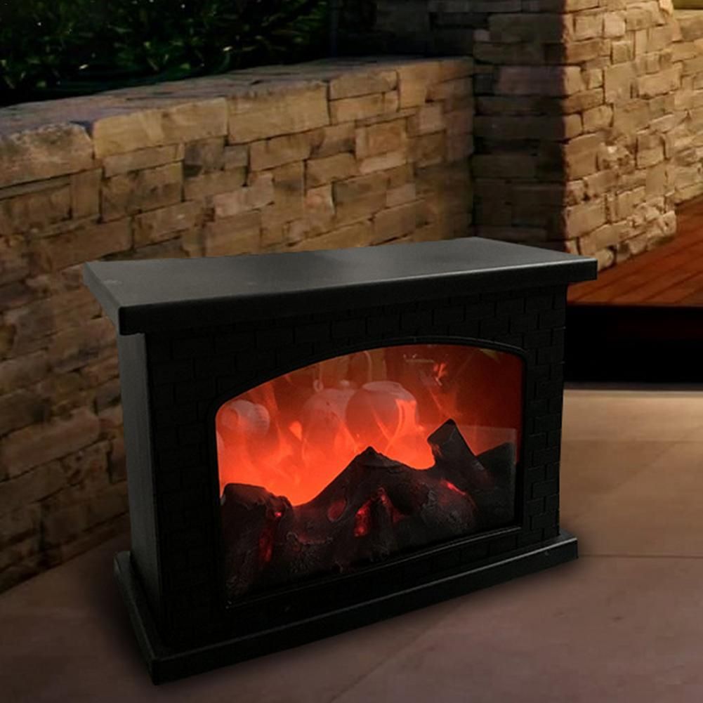 LED Simulation Fireplace Night Light USB Battery Powered  Kitchen Living Room Decor Indoor Outdoor Christmas Table Lamp For Home--Black