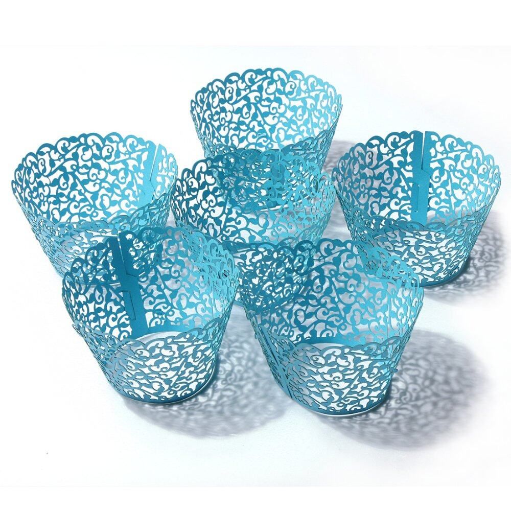 Teamtop 12pcs Filigree Vine Cupcake Wrappers Wraps Cases Wedding Birthday Decorations Sky Blue Sky Blue