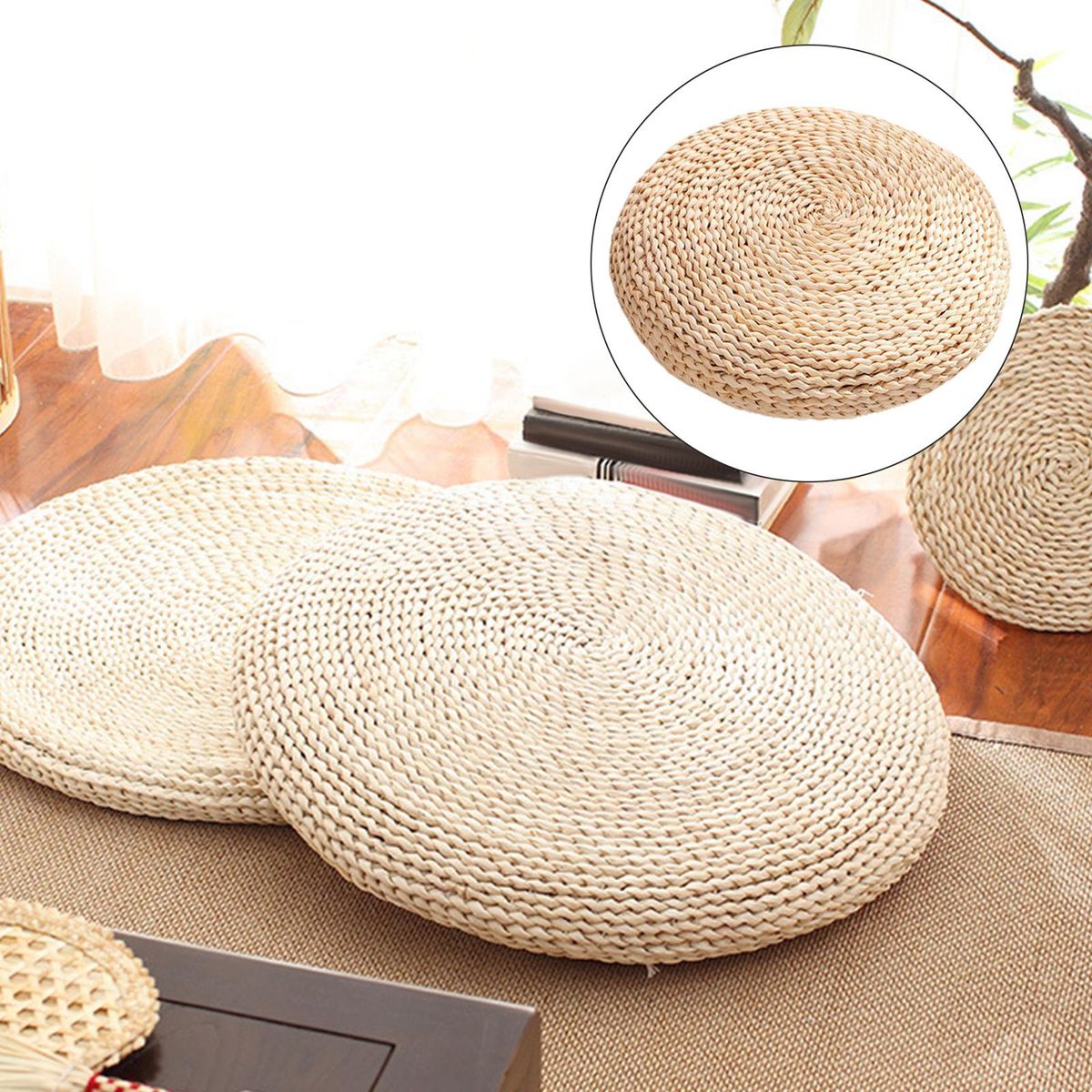 Hand-Woven Straw Seat Cushion Thick Pouf For Living Room Tea Ceremony