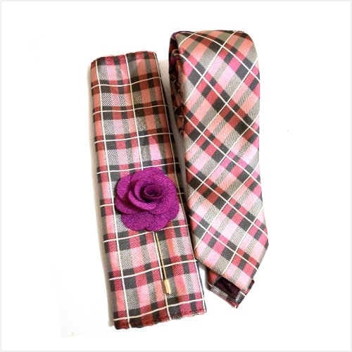 Pink & Black Plaids Tie Set + Purple Lapel Pin