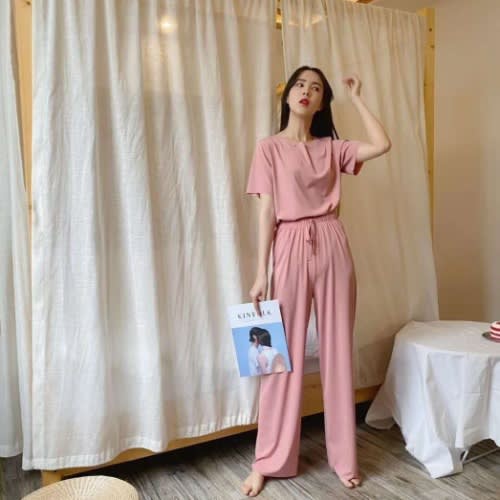 Ladies Short Sleeve T-shirt & Pants - Casual Set- Pink