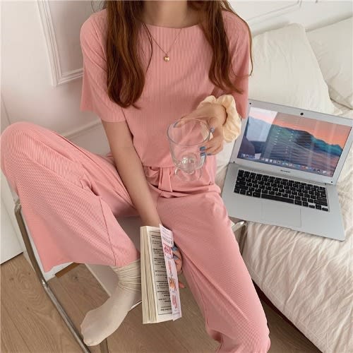 Ladies Short Sleeve T-shirt & Pants - Casual Set- Pink