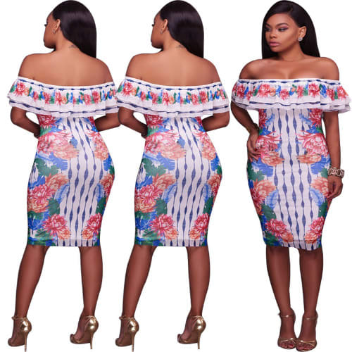 Ladies Off-Shoulder Gown- White Multicolor