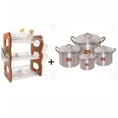 3 Layers Wooden Plate Rack With 4 Set Of Tower Pot Bundle