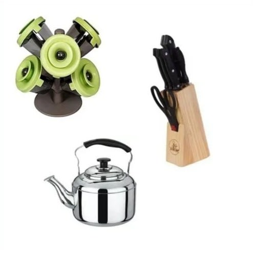 3 In 1 Kitchen Bundle - Spice Rack + 3 Litres Whistling Kettle + Knife Set