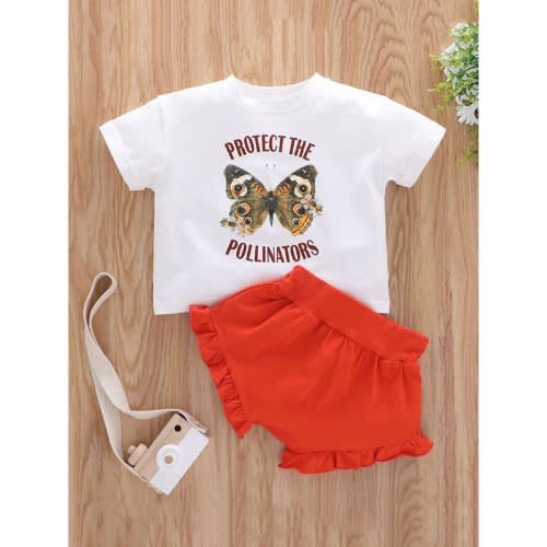 2 Pcs Baby Girl Outfits Protect The Pollinators Print Top With Shorts