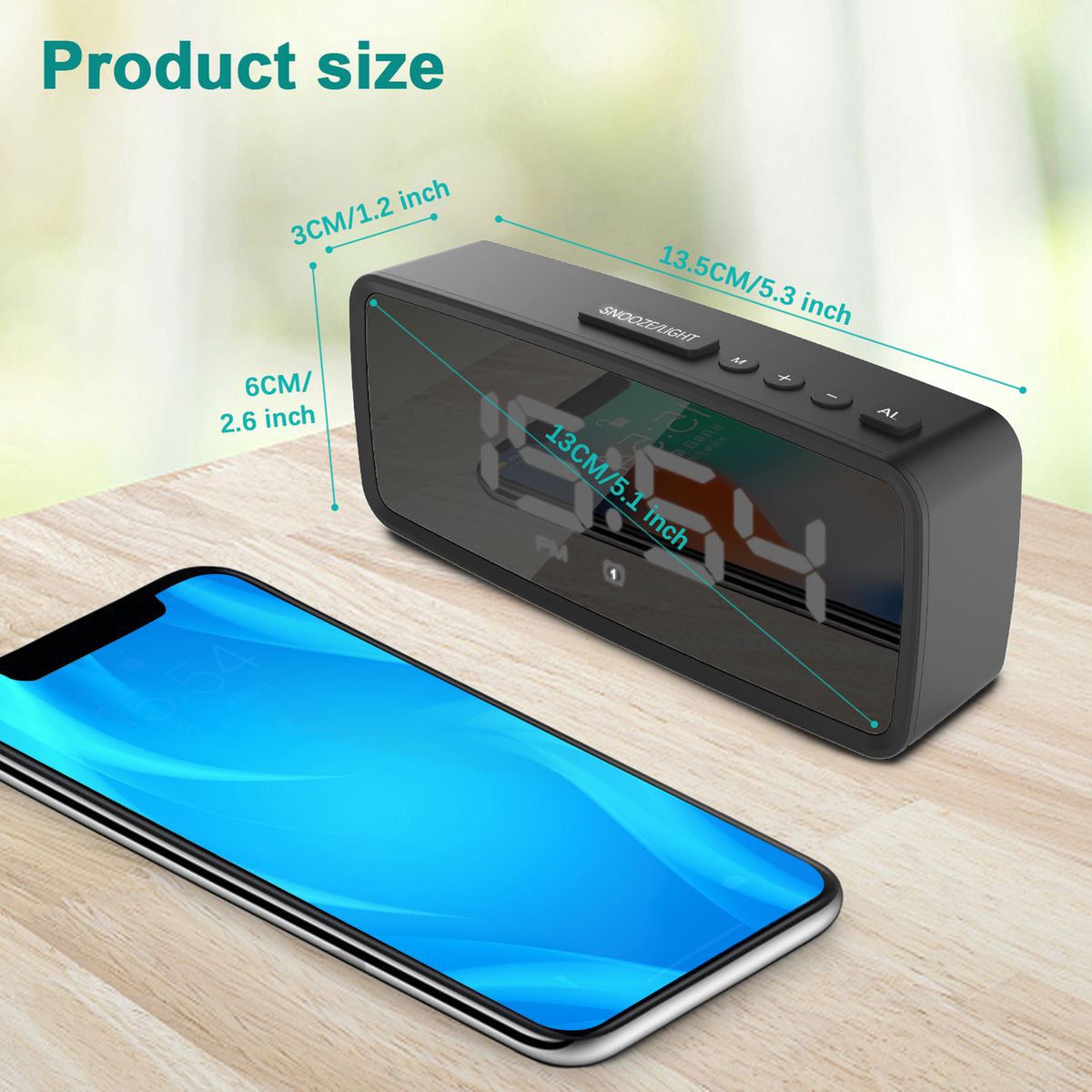 Digital Alarm Clock, 5.1'' LED Mirror Display, 3 Levels