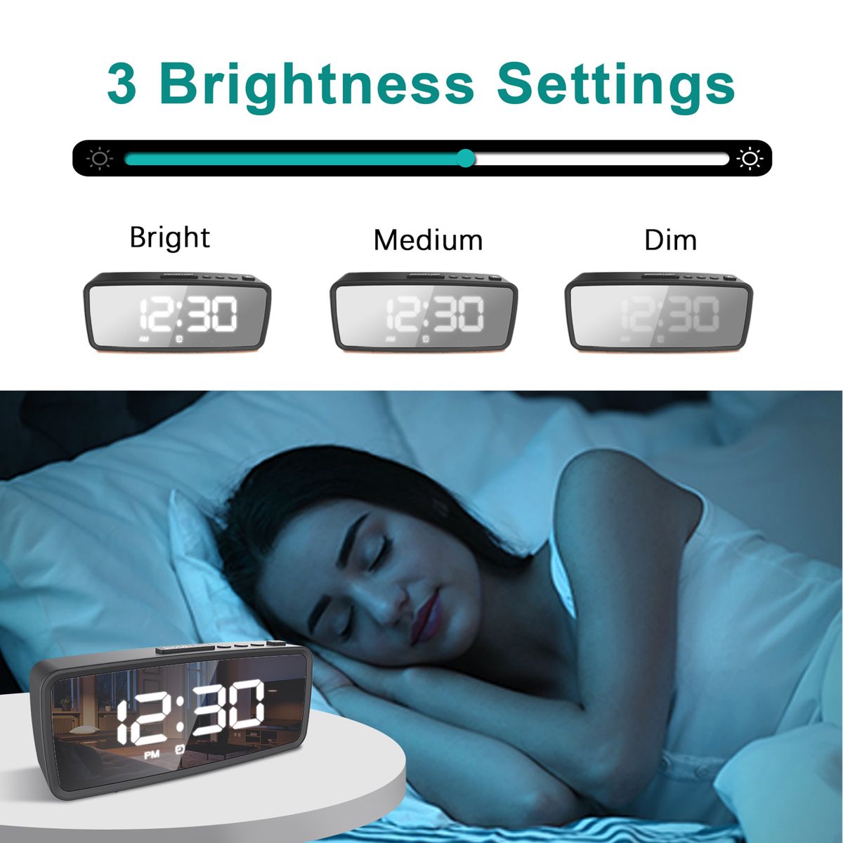 Digital Alarm Clock, 5.1'' LED Mirror Display, 3 Levels
