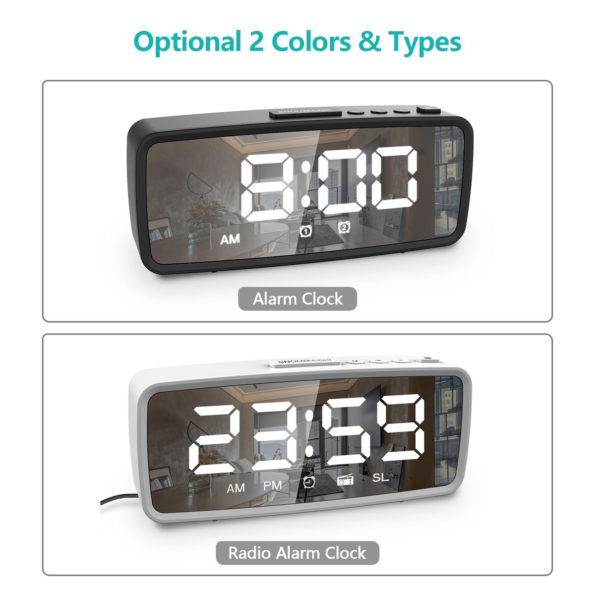 Digital Alarm Clock, 5.1'' LED Mirror Display, 3 Levels