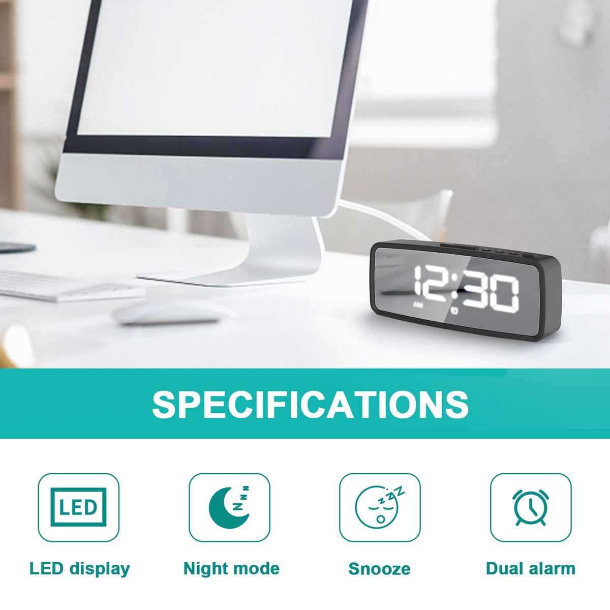 Digital Alarm Clock, 5.1'' LED Mirror Display, 3 Levels