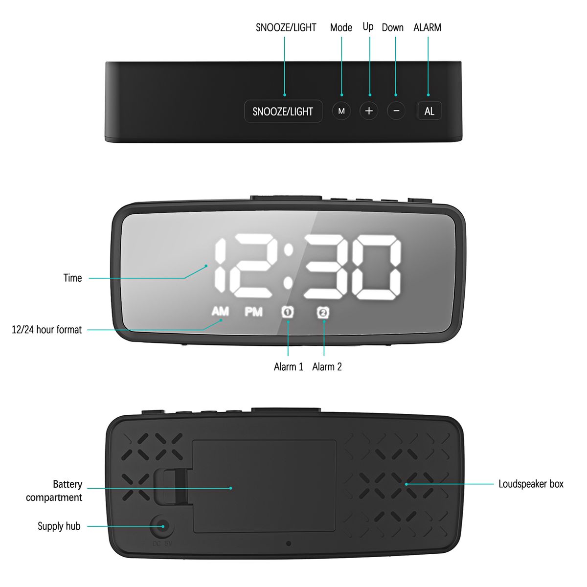 Digital Alarm Clock, 5.1'' LED Mirror Display, 3 Levels